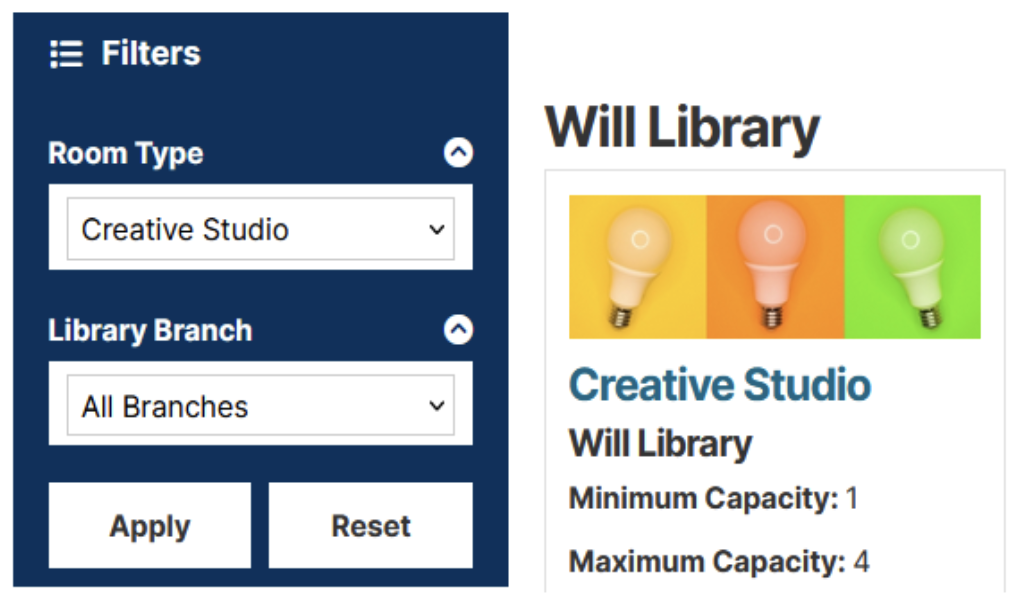 Screenshot of YPL website displaying a menu with the information Search by Room Type and Library Branch.