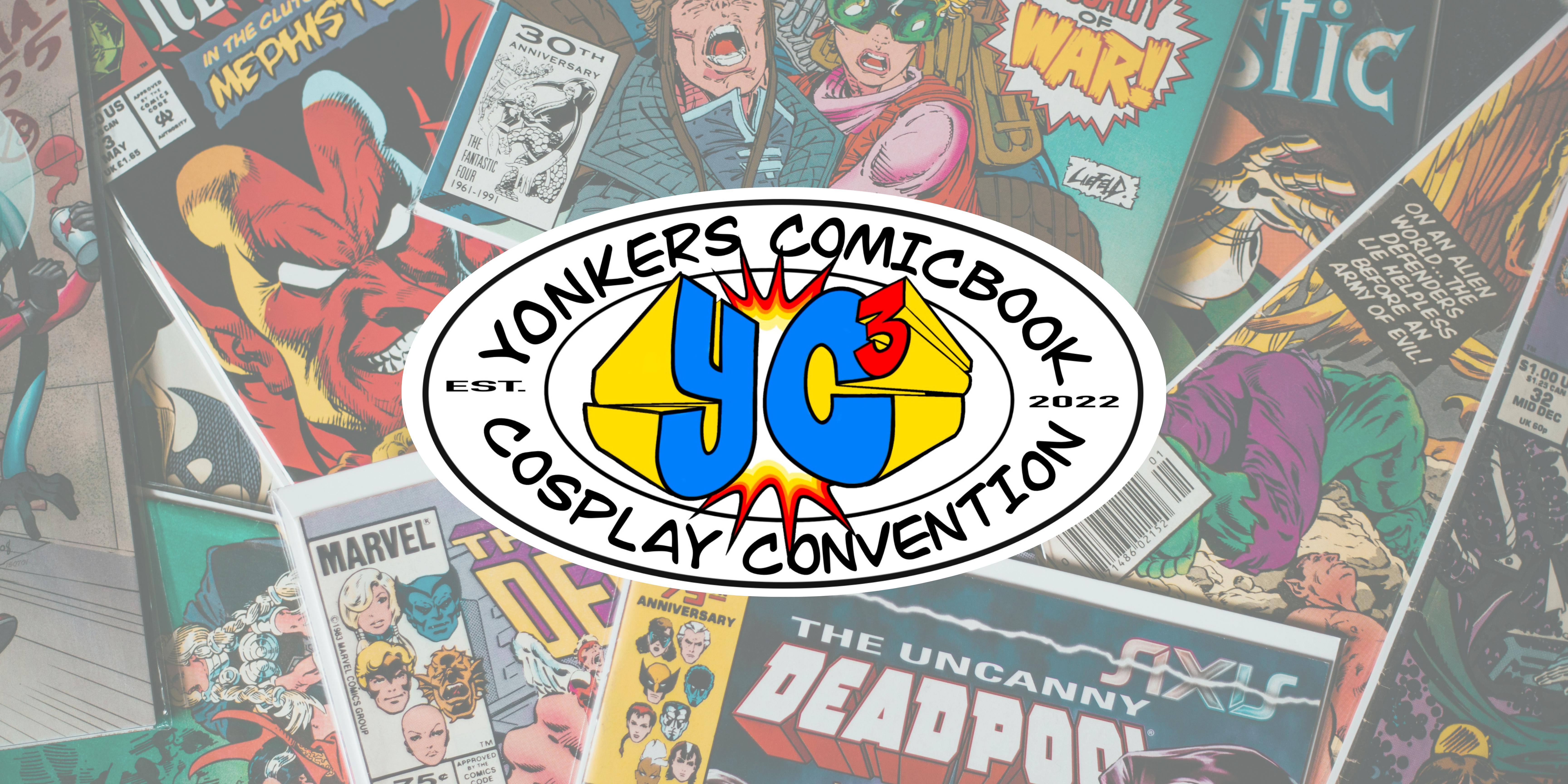 "Yonkers Comicbook Cosplay Convention" YC3logo with comic book covers in background