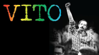 The cover of Vito. It has an image of him with his hand raised in a fist. The title is in a typewriter font with a rainbow color. 