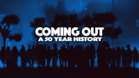 Cover of Coming Out a 50 Year History. Sits on a blue background with a silhouette of people at trees. 