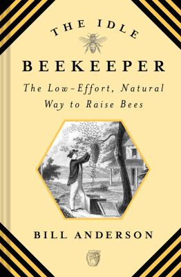 Yellow cover of the book The Idle Beekeeper. In a hexagonal frame is a black and white illustration of a beekeeper.