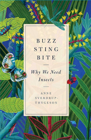 The cover of the book Buzz Sting Bite with cool colors in the background and a butterfly and beetle. 