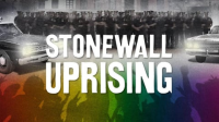 Stonewall Uprising's cover with white text. On the top half is an image of the street with police lines up. On the bottom at shadows or people with a rainbow filter.