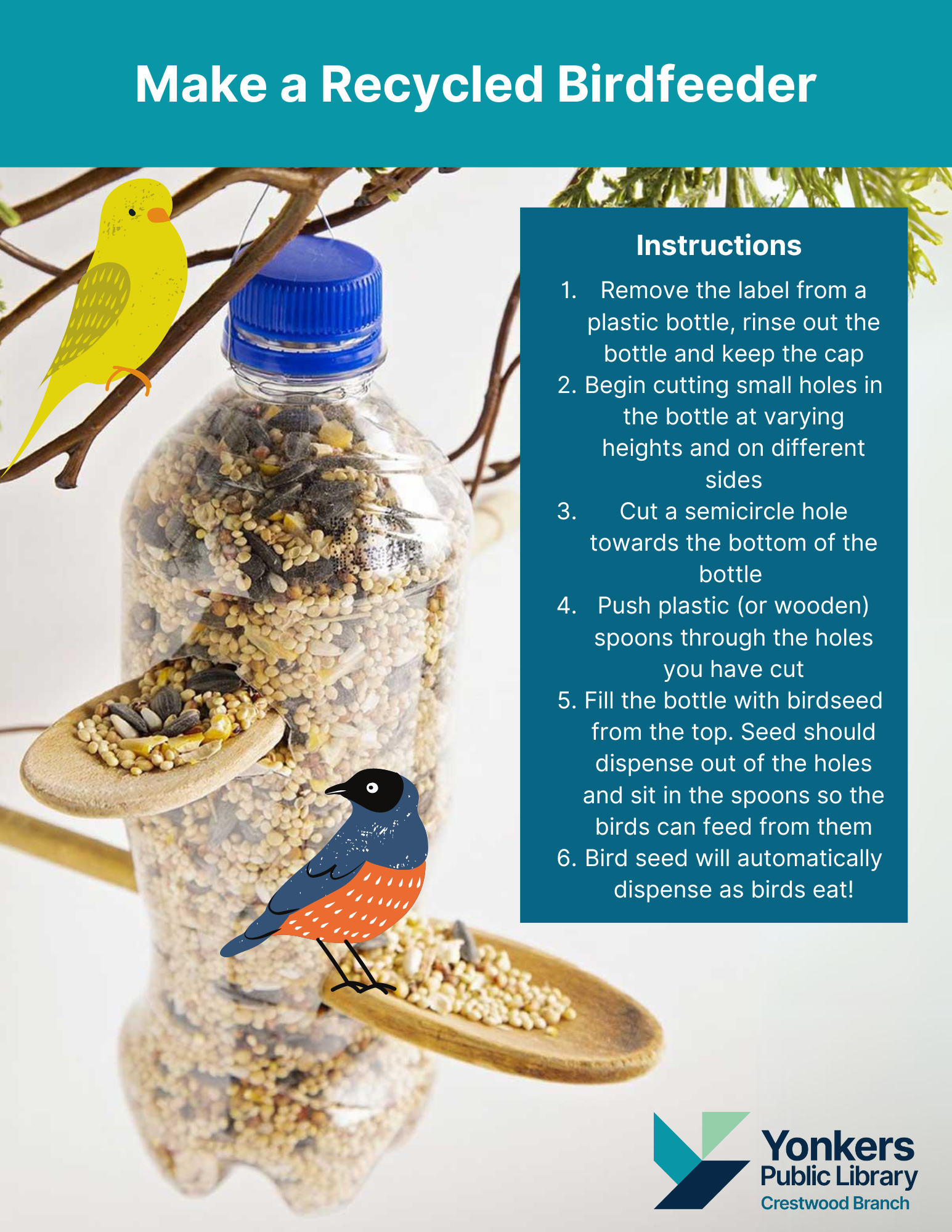 A visual guide on how to make a recycled bird feeder using a plastic water bottle and spoons.