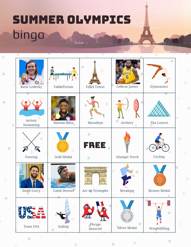 A Summer Olympic Bingo Card.