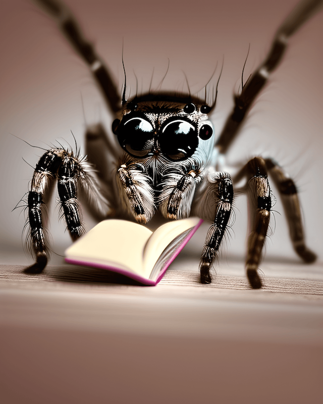 A rendering of a jumping spider has a book open in front of it.