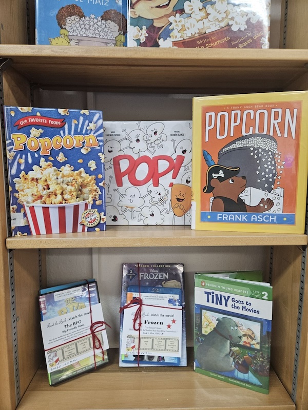 A display of movie-themed books and book-to-movie pairings in the Children's Room at the Crestwood Library.