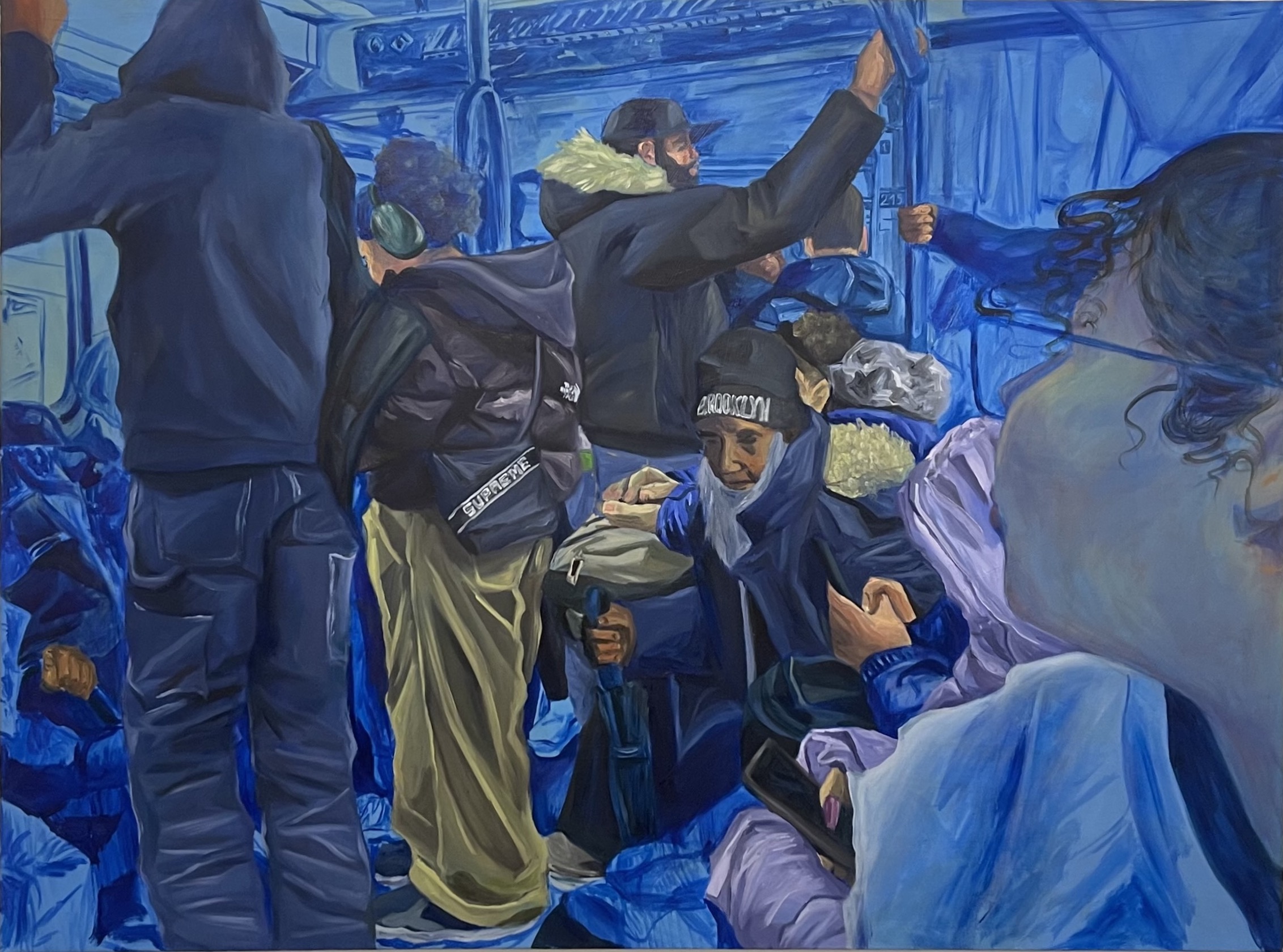 Blue toned acrylic on canvas depicting passengers riding the bus, standing and sitting down. Perspective is from the inside of the bus.