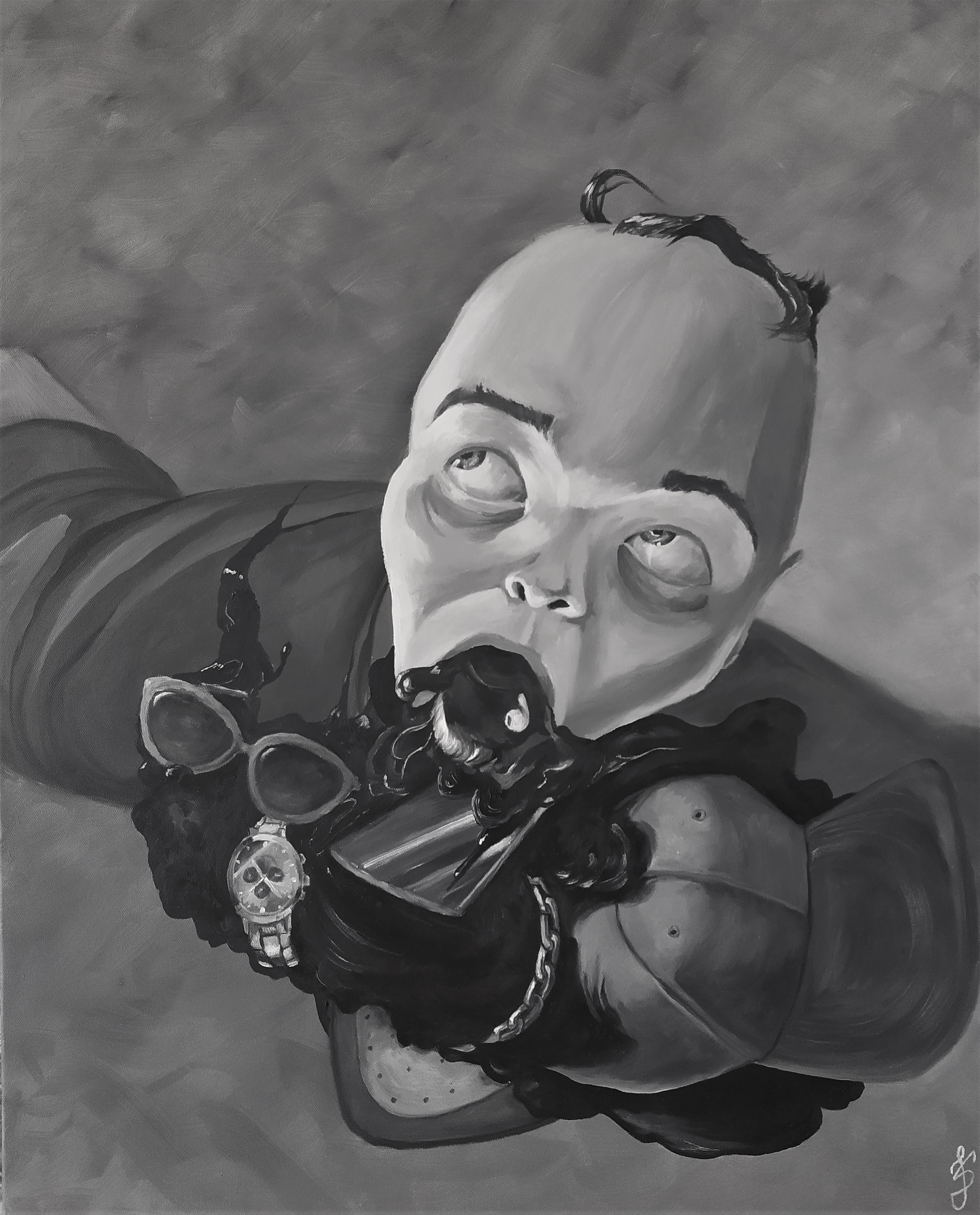 Aerial view of a head with its mouth gaping open. Spilling out of the mouth are various products including a baseball cap, sunglasses, a watch, and chain. Painting in black and white.