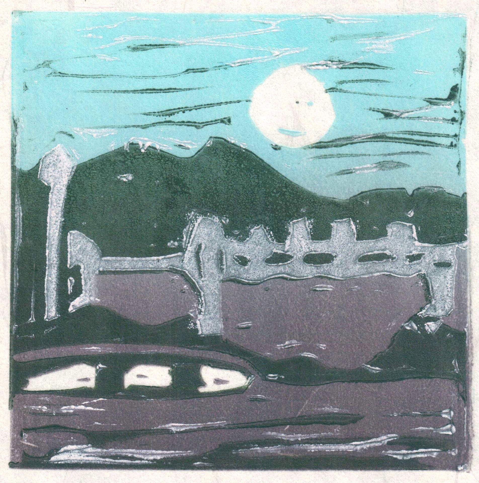 Reduction linocut of a full moon hovering over green mountains and a grey fence. The sky is turquoise.