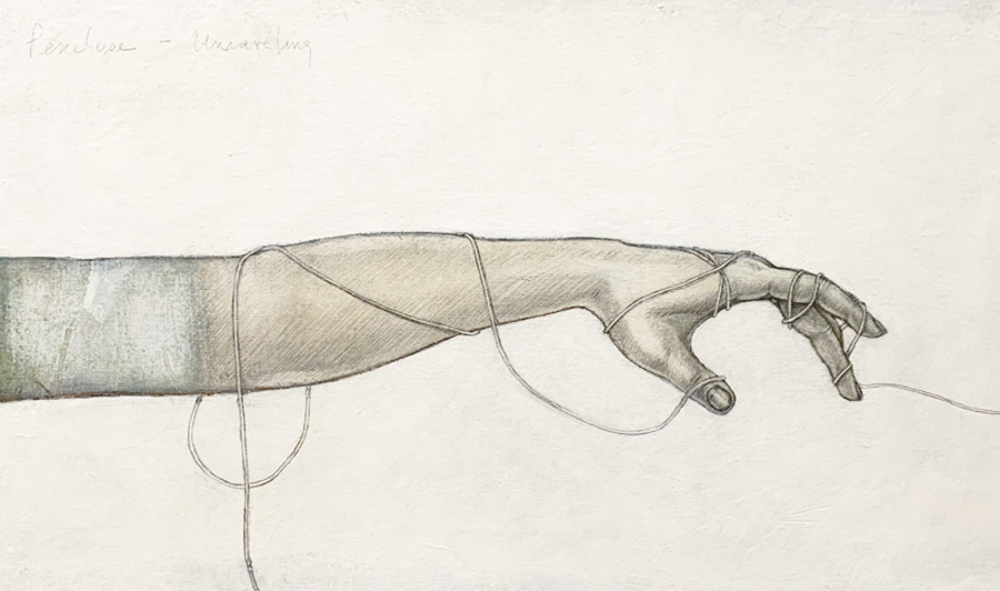 Pencil and acrylic on canvas depicting an arm and hand reached out from the left wrapped in string. The string extends beyond elegant fingers.