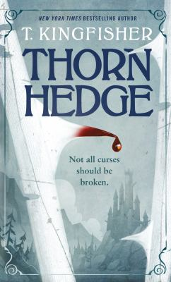 Cover of the book Thornhedge by T. Kingfisher. A pale image of a throne in white with a drop or red blood stain at the tip of a thorn and a drop of blood dripping off it. 