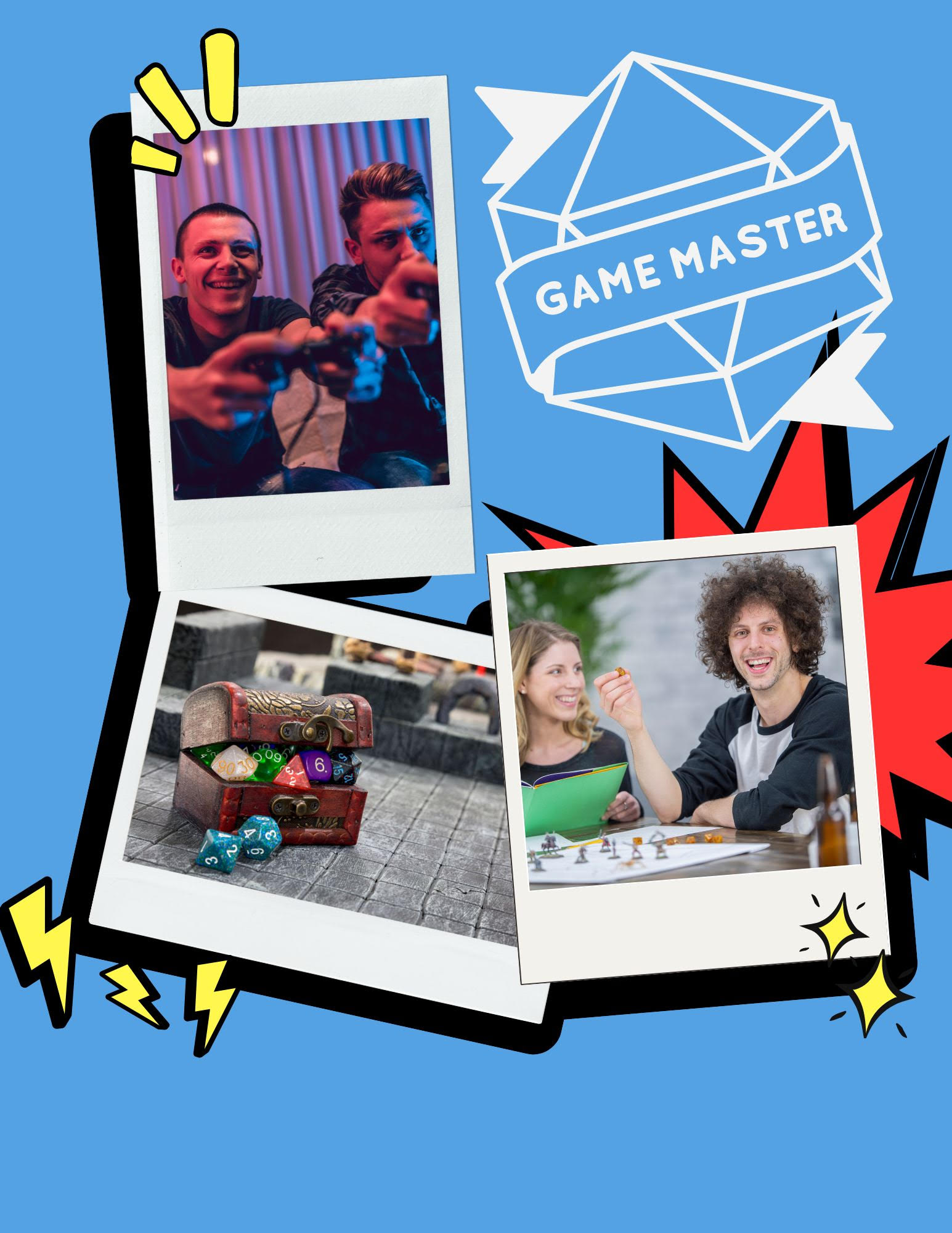 A promotional image. A D20 dice with the text GAME MASTER on it floats above images of people playing a tabletop game, a chest of tabletop dice, and two people playing video games.