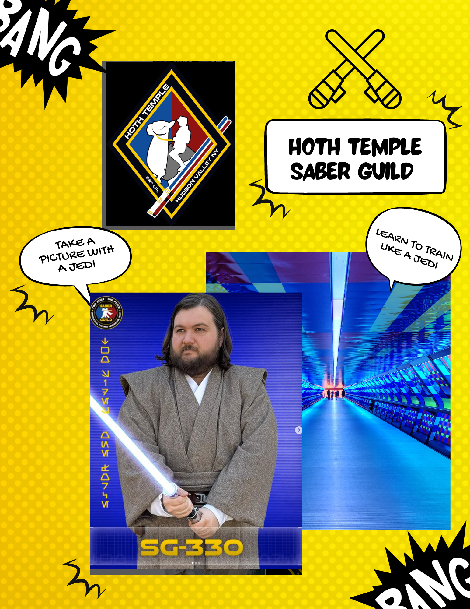 A promotional image for the Hoth Temple Saber Guild, with a photo of a man in Jedi robes wielding a lightsaber, labeled "SG-330."