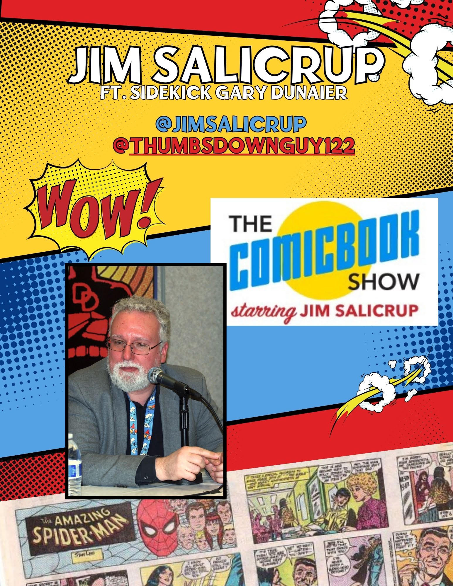 Promotional material for Jim Salicrup, with his social media handles, @JIMSALICRUP and @THUMBSDOWNGUY122.