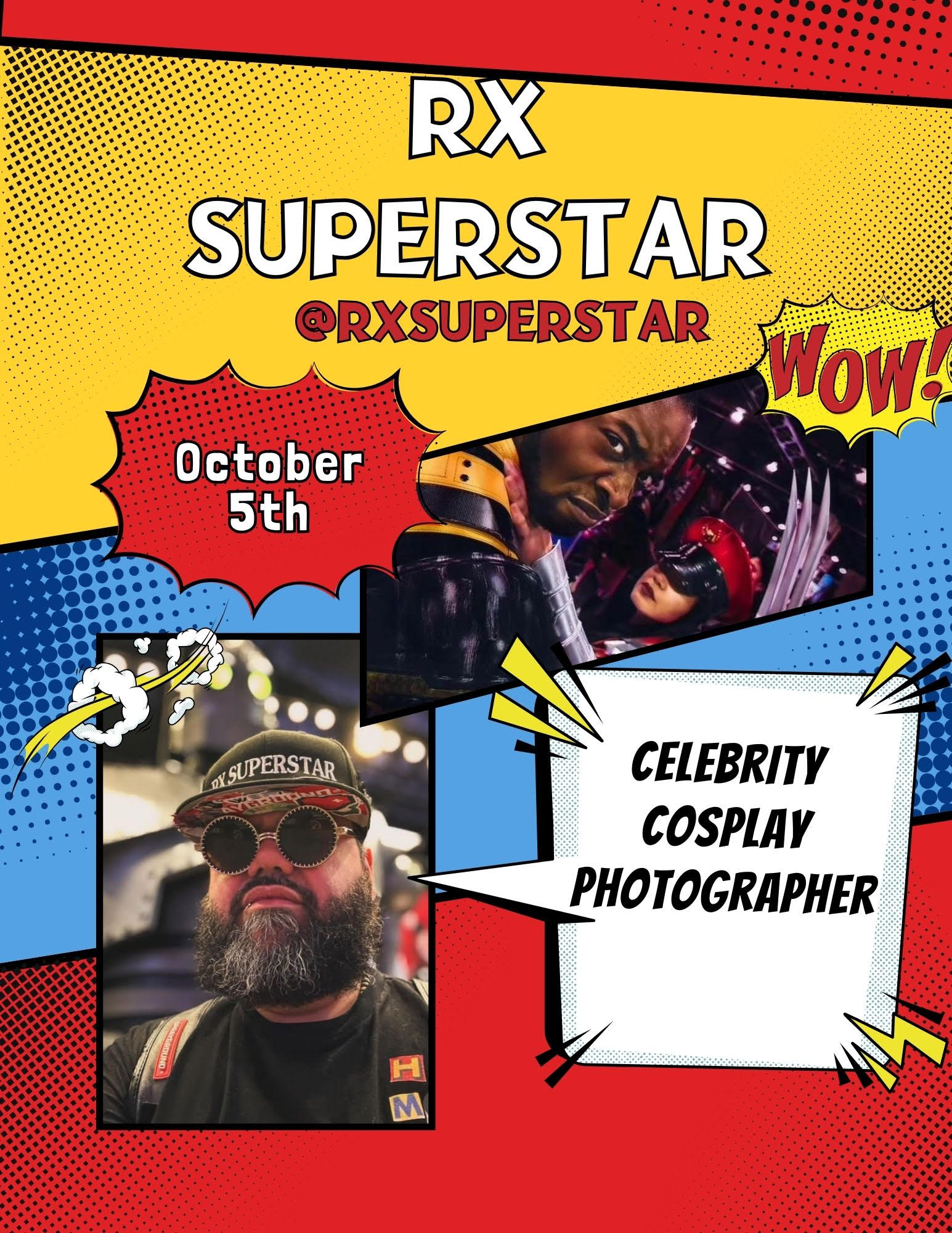 An image of RX Superstar, listed as "Celebrity, Cosplay Photographer", with his social media, @RXSUPERSTAR.