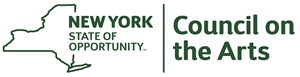 White and green logo of the New York State Council on the Arts. The logo states "New York State of Opportunity" intersecting with an outline of New York State. To the right is written "Council on the Arts".