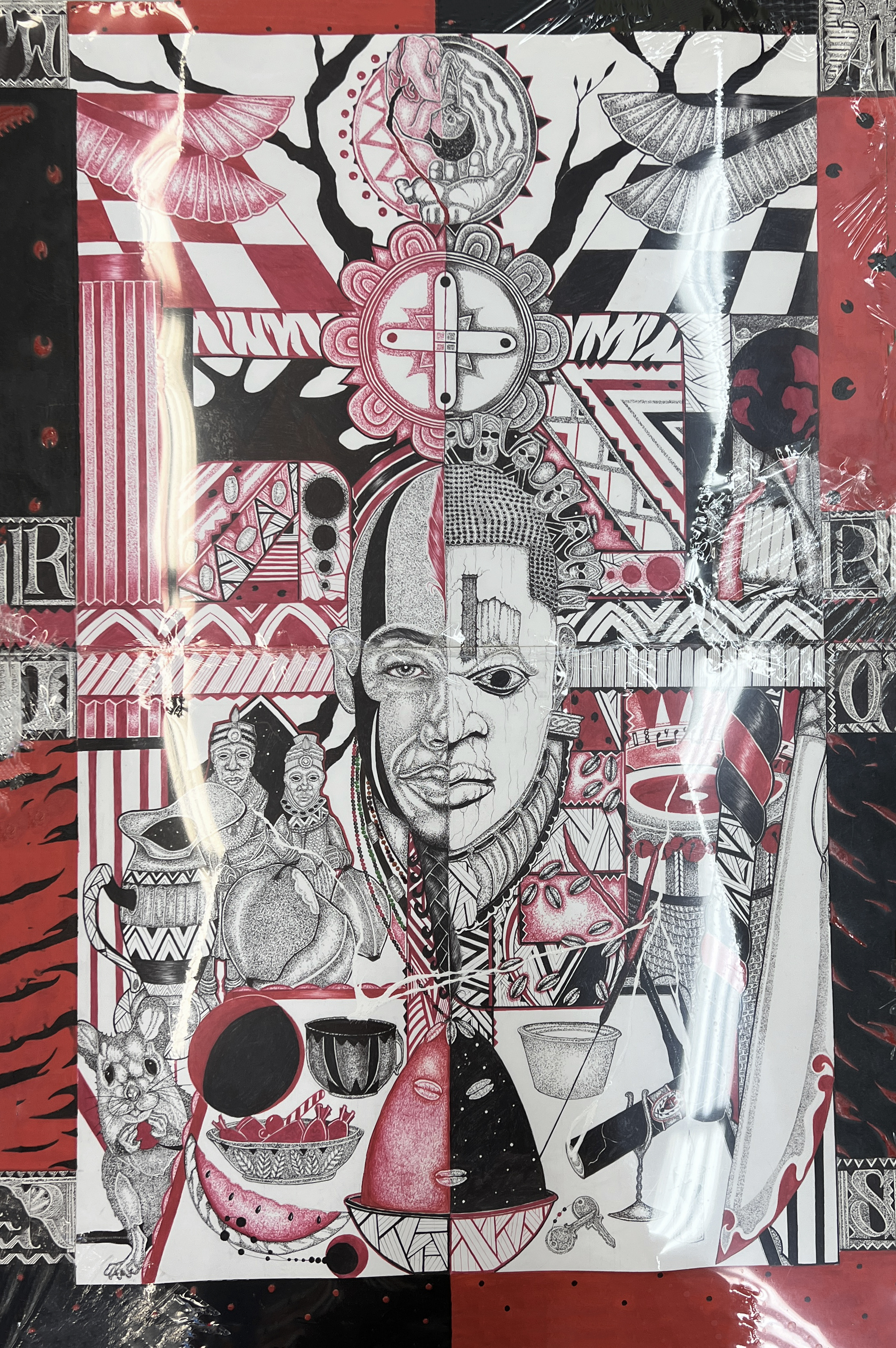 Red, black and white pen drawing split into four quadrants. A portrait of a mans face is split in two in the center with various scenes, patterns and characters in the background.