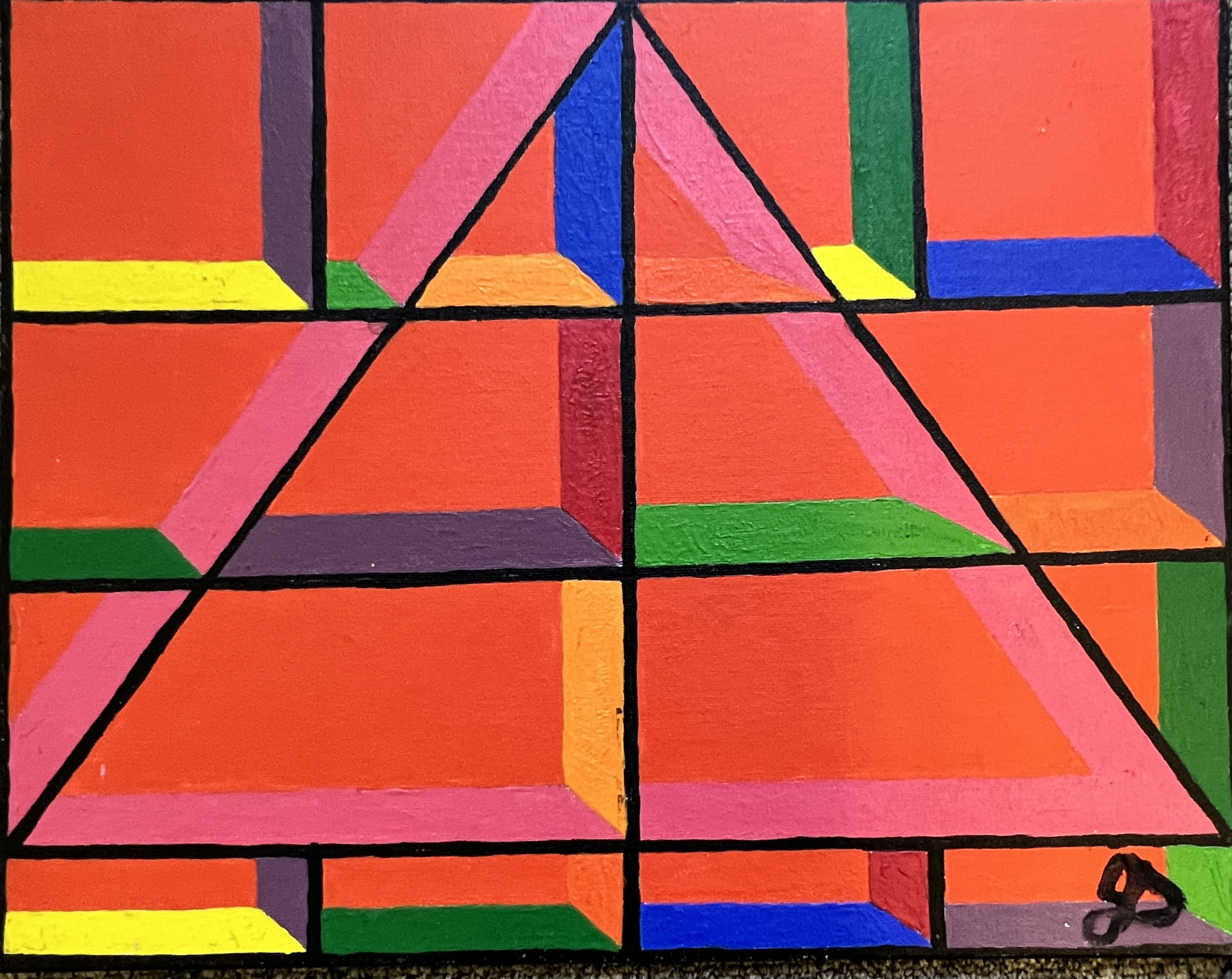 Abstract painting of a triangle being intersected with vertical and horizontal lines and a bright red background. Their shadows vary in color, from pink, green, purple, blue orange, yellow 