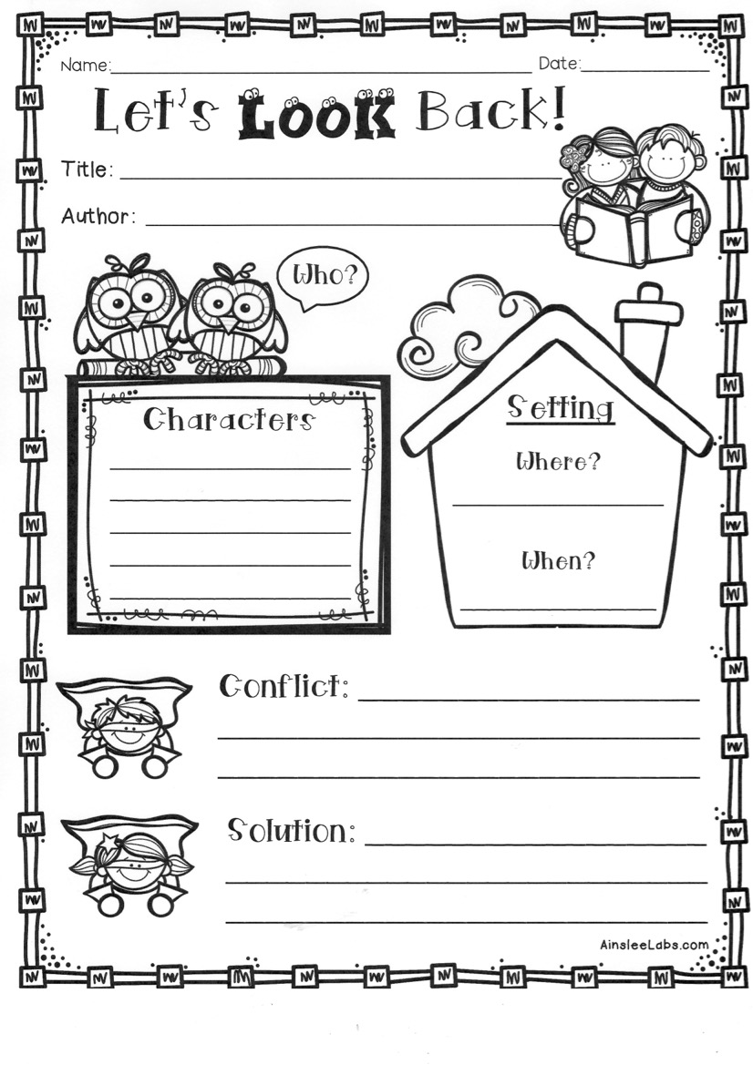 A worksheet that describes storytelling elements such as characters, setting, conflict, and solution.