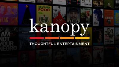 "kanopy Thoughtful Entertainment" logo mark with movie poster images behind it.