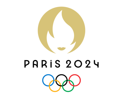 An outline of a flame is surrounded by a golden circle above the text "Paris 2024". The Olympic Rings are below the text.