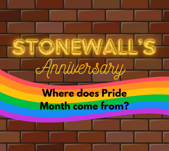 An image with a brick wall. In yellow letters it reads Stonewall's Anniversary. Black text on a rainbow background read Where Does Pride Month come from? 