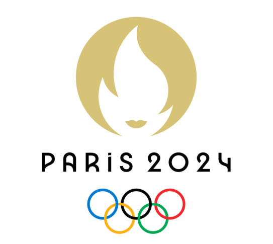 An outline of a flame is surrounded by a golden circle above the text "Paris 2024". The Olympic Rings are below the text.