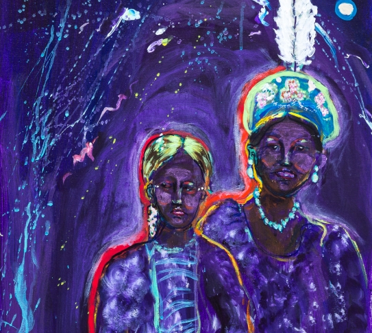 Portrait of artist AIKI and her grandmother in hues of purple. Hovering above them are blue and green stars and orbs.