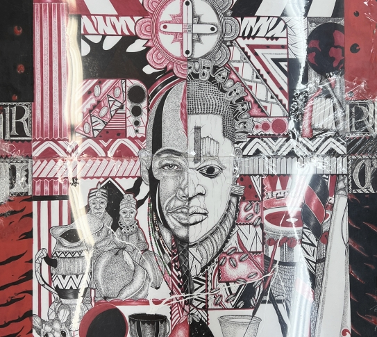 Red, black and white pen drawing split into four quadrants. A portrait of a mans face is split in two in the center with various scenes, patterns and characters in the background.