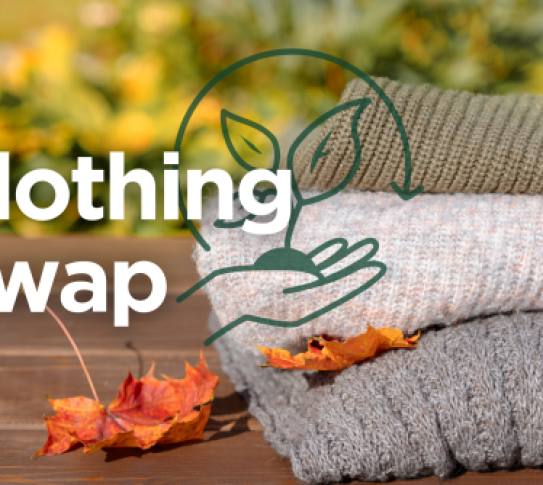 Folded sweaters on a table with the graphic of a hand holding a tree sapling with the text: clothing swap.