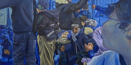 Blue toned acrylic on canvas depicting passengers riding the bus, standing and sitting down. Perspective is from the inside of the bus.