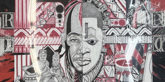 Red, black and white pen drawing split into four quadrants. A portrait of a mans face is split in two in the center with various scenes, patterns and characters in the background.