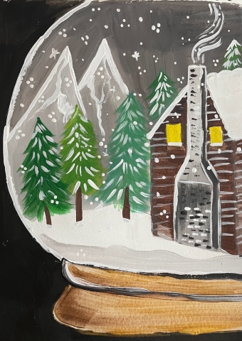 snow glob scene with snow, trees and a log cabin