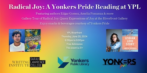 Banner featuring authors Edgar Gomez and Amelia Possanza for a program at Yonkers Public Library on June 20 at 6:30pm