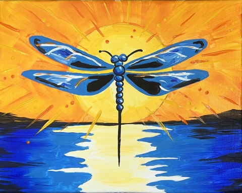 painting of a dragon fly over the sun and water