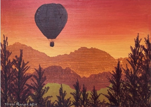 painting of a hot air balloon over the mountains