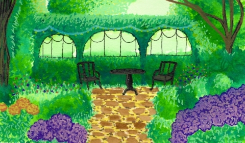 garden scene painted by Say Marte