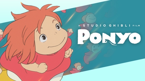 A promotional banner for the Studio Ghibli film Ponyo. It depicts Ponyo, a young coral-colored girl, rushing out of the ocean.