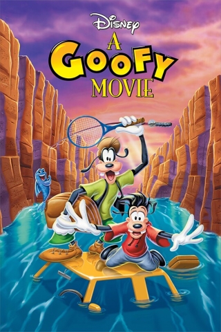 Cartoon image of Goofy and his son on car standing in flood.