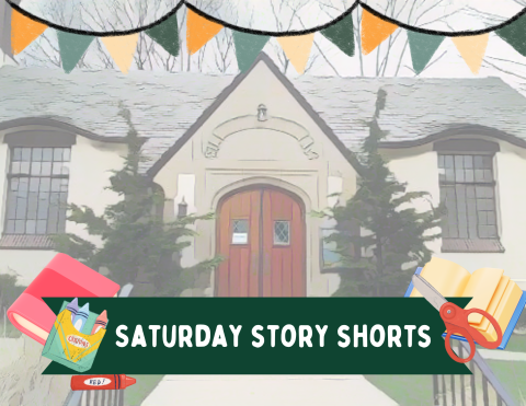 photo of Crestwood Library with a banner that says Saturday Story Shorts with book and craft materials