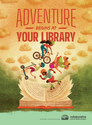 Summer Reading logo of Children on bicycles above a book with slogan "Adventure Begins at the Library"