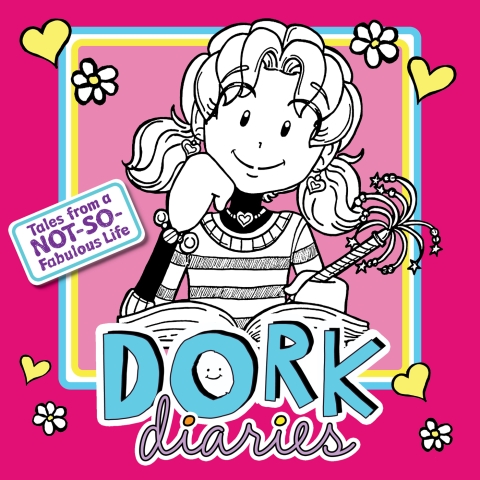 cartoon image of girl with diary above text "dork diaries"