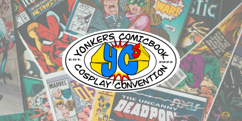 The logo of YC3, an oval with blue-and-yellow letters Y and C over a red starburst, with a red 3 above them. "Yonkers Comicbook Cosplay Convention" is written on the oval.