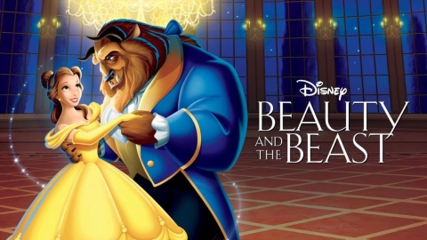 Poster for Disney's animated Beauty and the Beast. Belle is in her yellow dress and dancing with the Beast, who is in his formalwear.