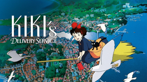 A horizontal poster for the Studio Ghibli film Kiki's Delivery Service. Kiki flies on her broom above the city with her black cat Jiji.