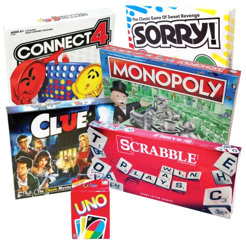 connect 4, clue, uno, scrabble, monopoly and sorry games