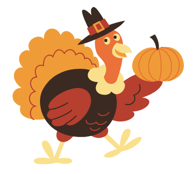 turkey wearing a pilgrim hat and holding a pumpkin