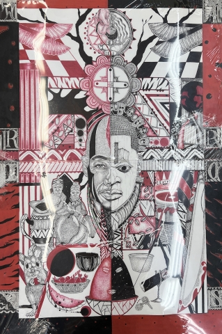 Black, white, and red depiction of a face split down the center with various patterns and characters scattering the background.