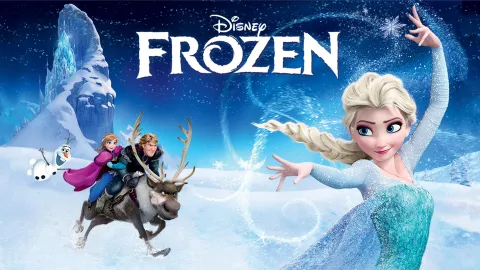 A horizontal poster for Disney's Frozen. on the left, Ana and Kristoff ride Sven while Olaf hangs onto Ana's cape. On the right, a confident Elsa shoots frost from her fingertips.